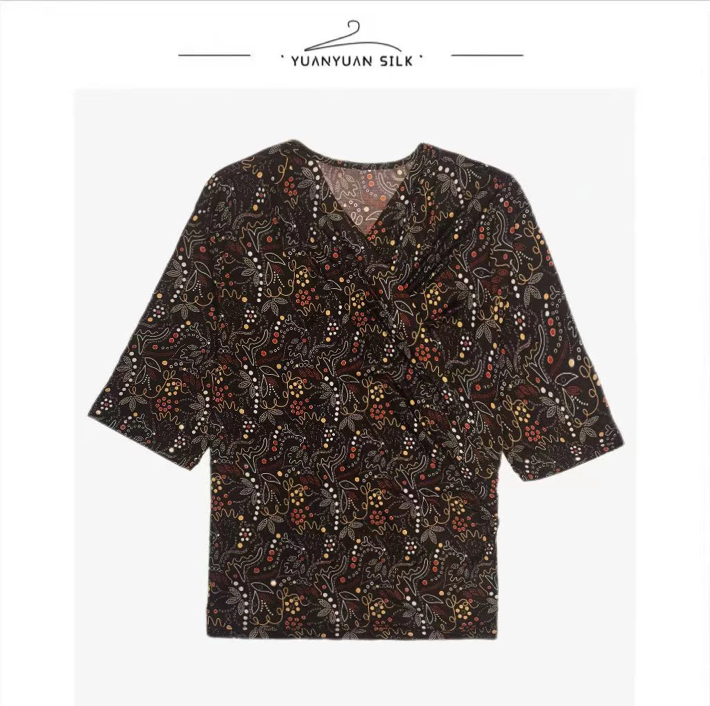 Y 42针2800捻桑蚕丝~柔滑似水！轻盈透气！时尚印花/叠领上衣o76