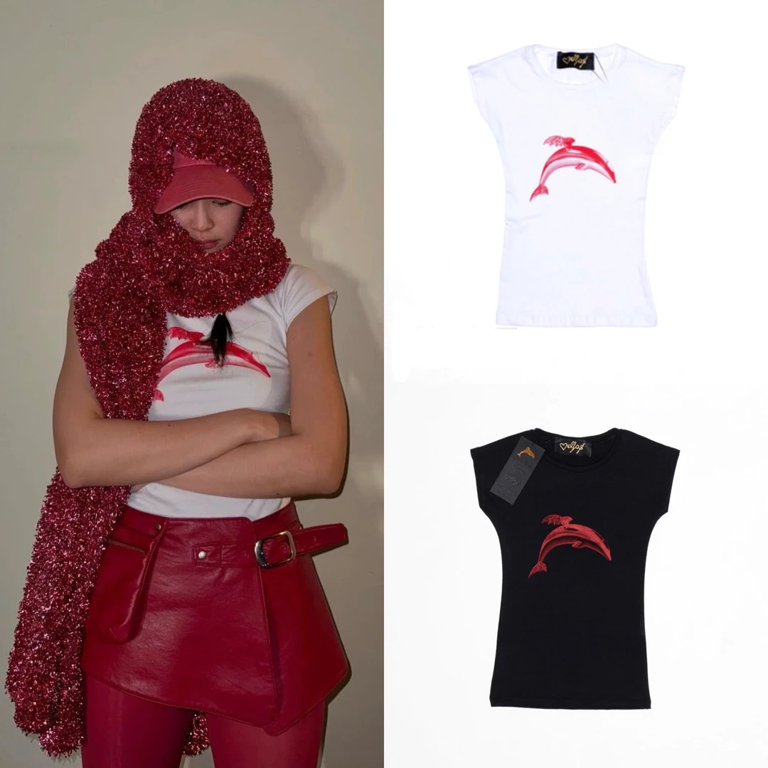 【金#妮同款】海豚印花修身显瘦辣妹圆领T恤女ZZ-249022