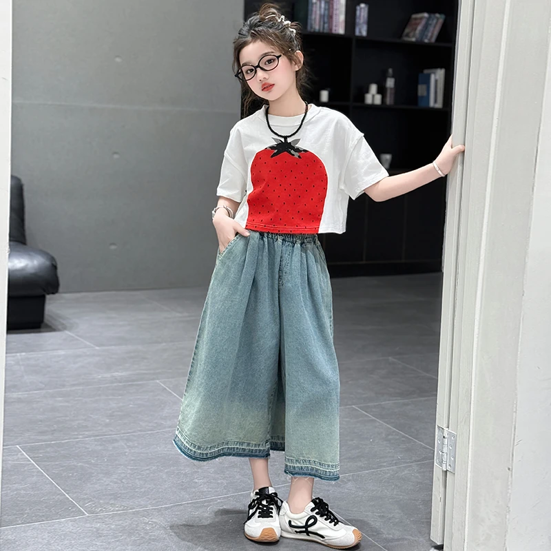 女童短袖套装夏季2025新款女孩大童网红炸街牛仔裤儿童夏日酷飒风