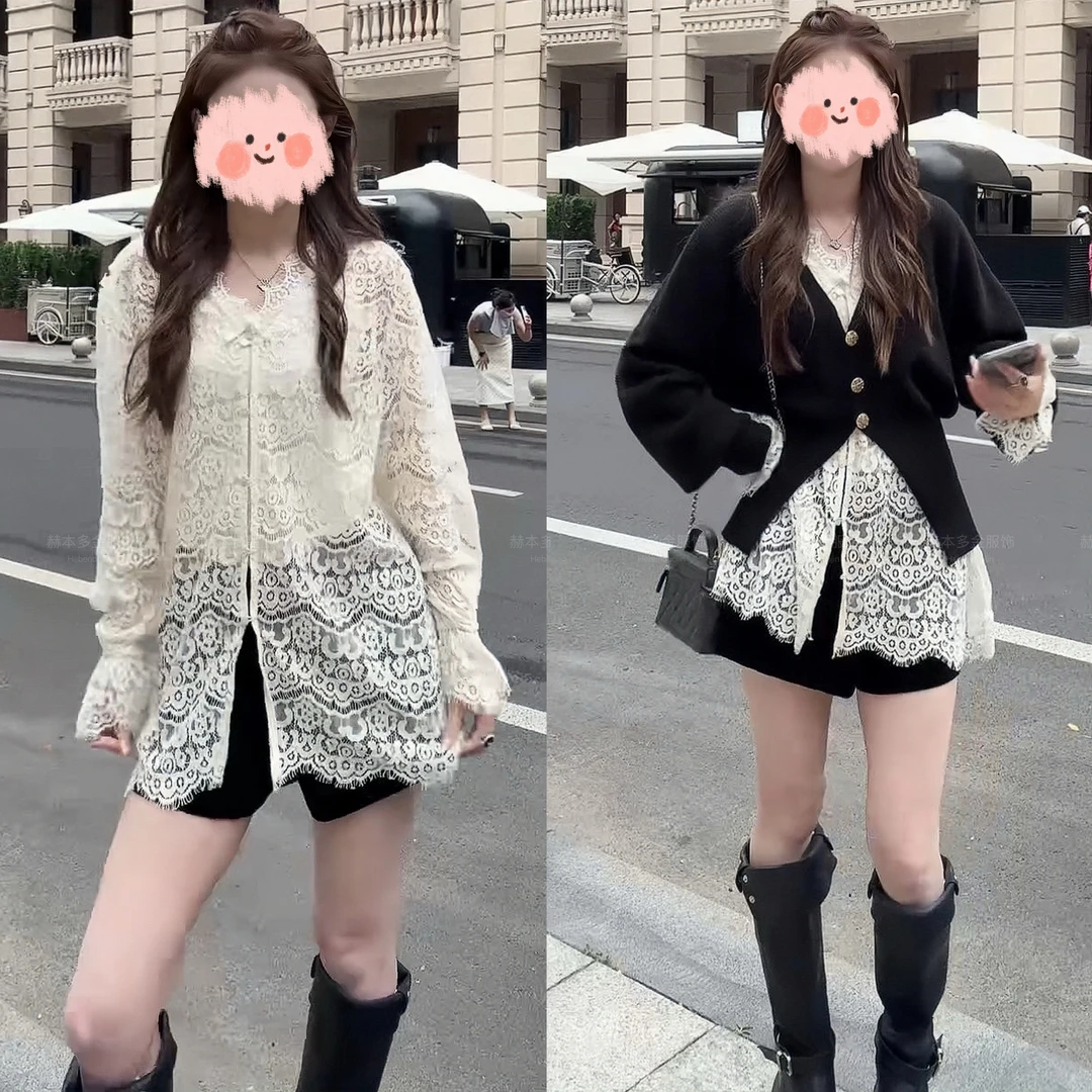 2025早秋新款小香风开衫舒适百搭针织毛衣白色气质蕾丝衬衫两件套