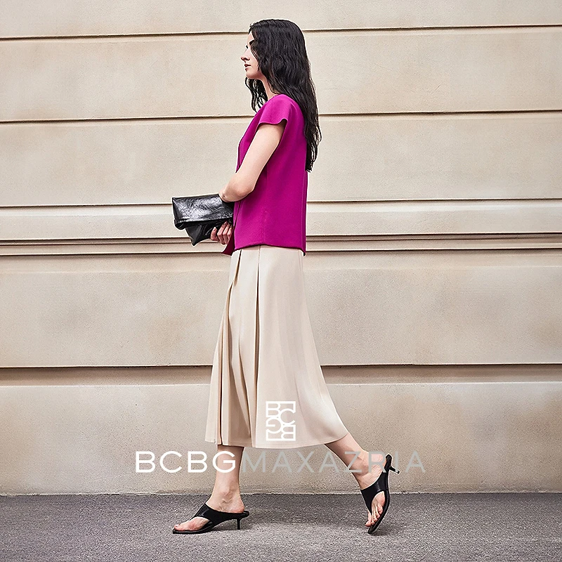 BCBGMAXAZRIA 时髦精致范 斜纹挺阔弹力腰百褶半裙BMQ06BZ8890