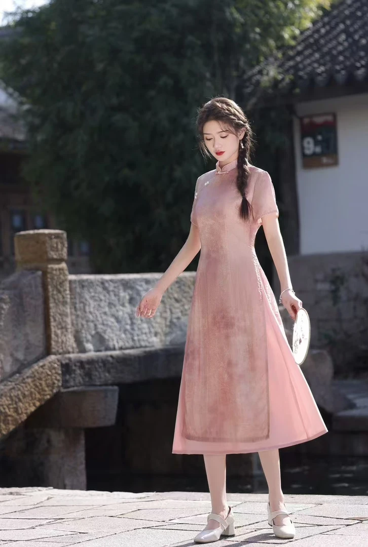 若华 日常气质文艺国风复古优雅奥黛改良旗袍