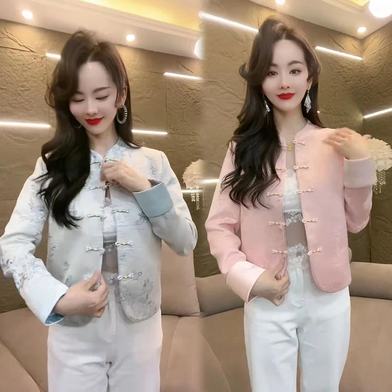 欧货高端品质洋气时尚中国风锦缎提花立领盘扣拼接袖口女士上衣