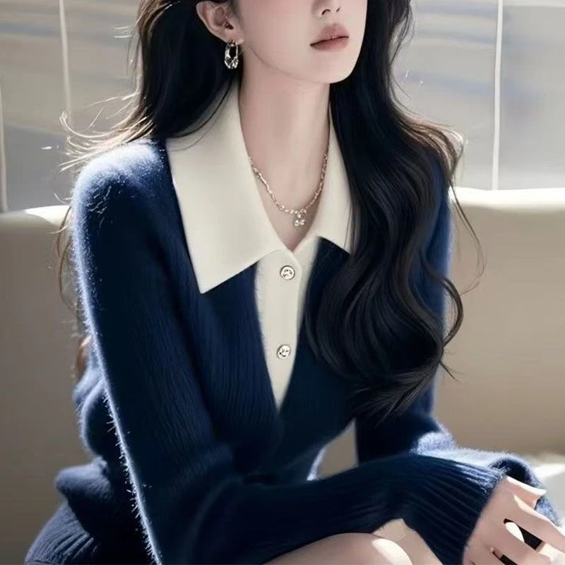 假两件polo领羊毛针织衫女秋冬上衣洋气显瘦高级感减龄半开领毛衣