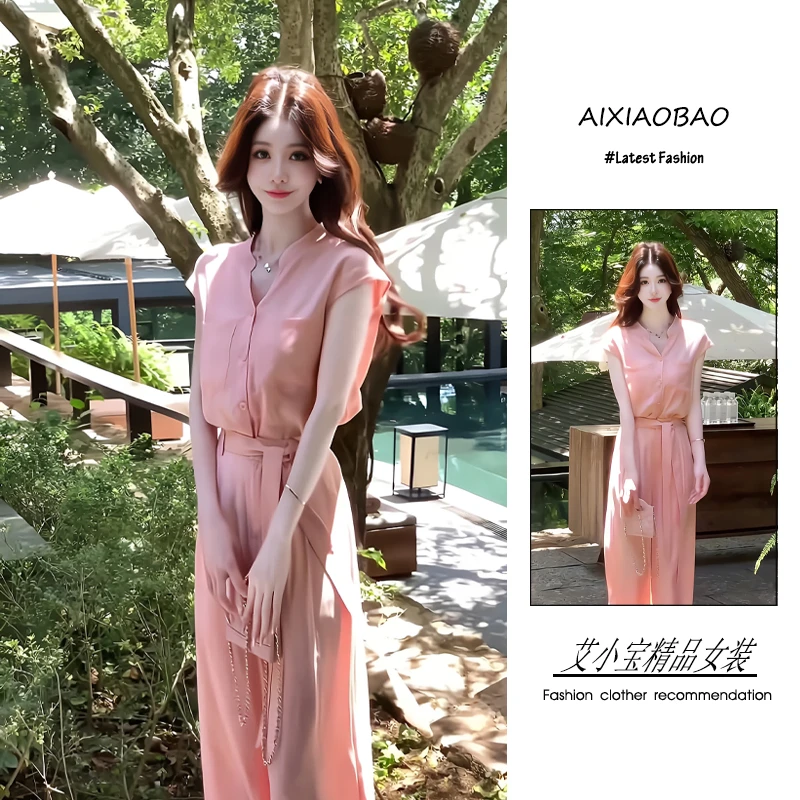 夏季2025新款一整套女装韩系穿搭轻熟风气质显瘦衬衫阔腿裤两件套