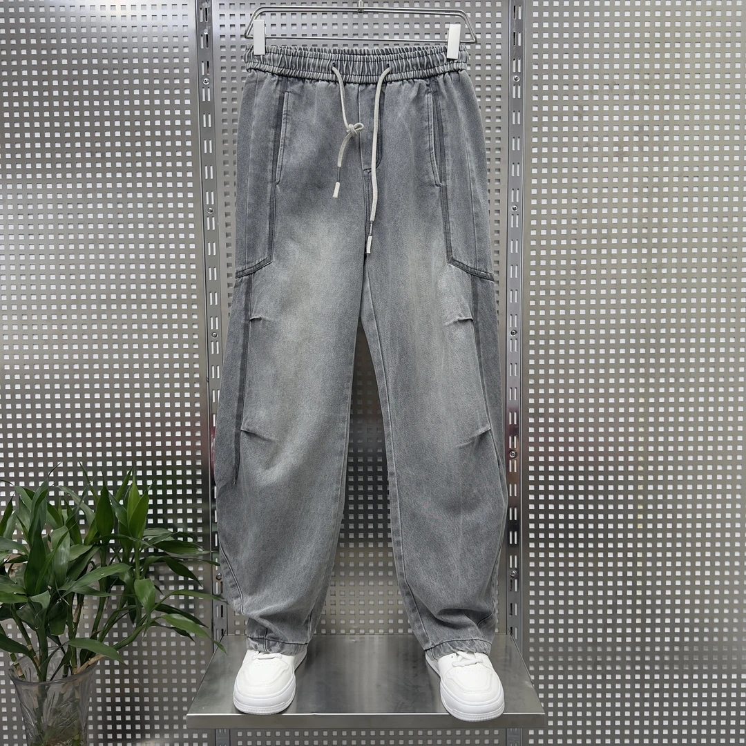 新潮流拼接美式休闲宽松灰色牛仔裤系带男装韩式水洗男士百搭直筒