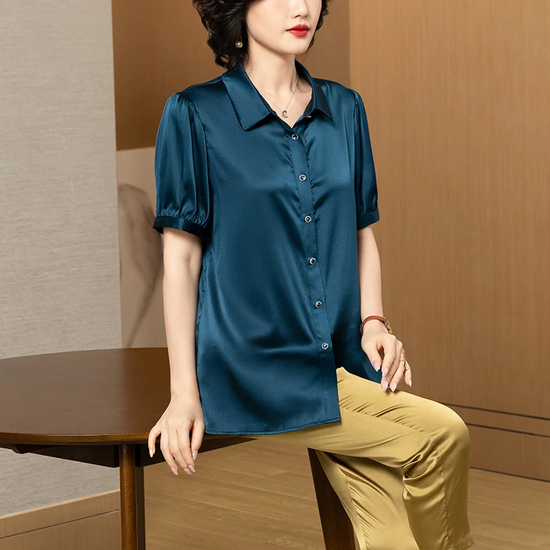 珂影依宽松重磅真丝衬衫女夏季新款翻领高级洋气妈妈桑蚕丝衬衣
