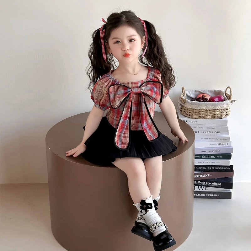 女童夏装套装2025新款儿童网红格子上衣潮宝宝百褶裙子洋气两件套