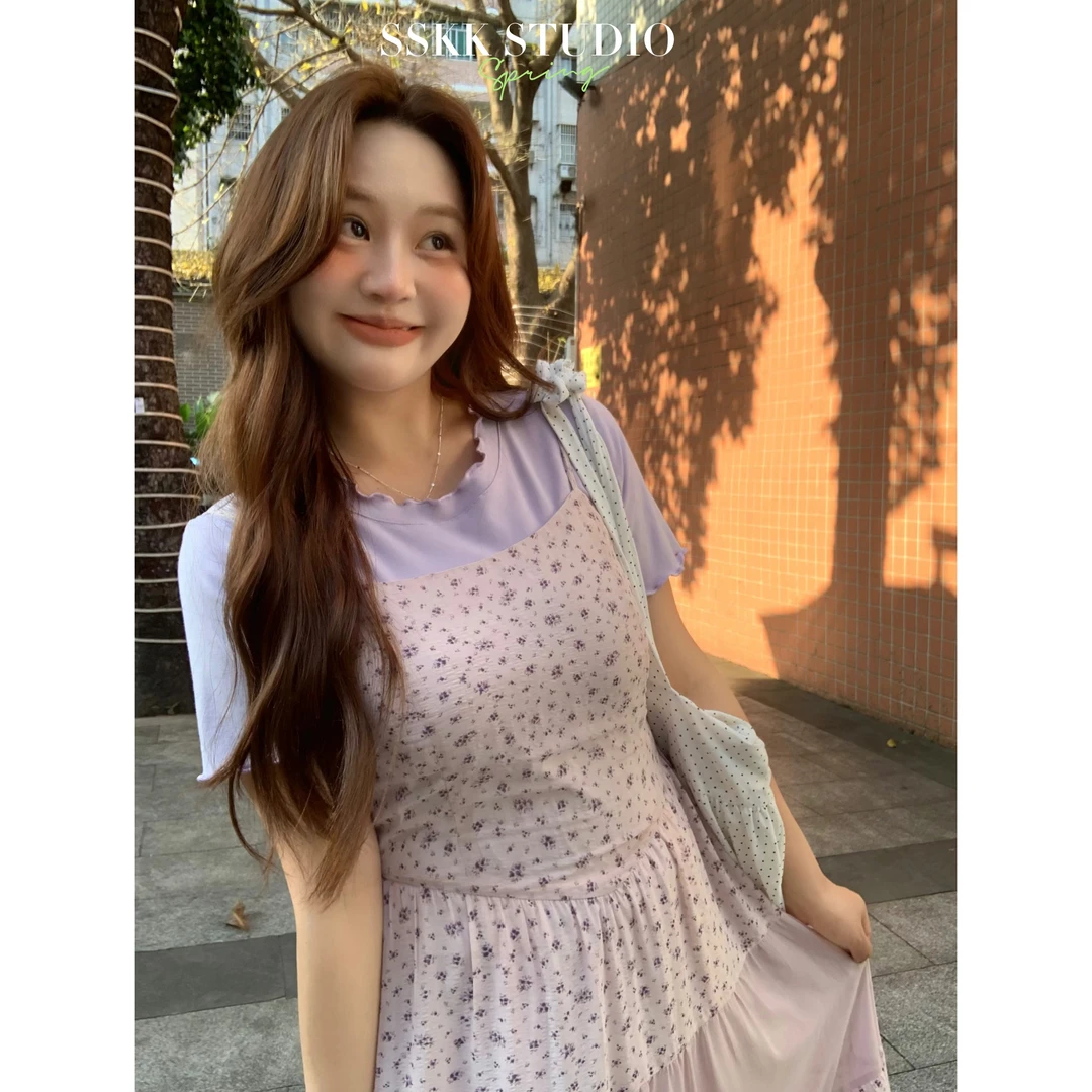 KMZY/KMZY山_山【夏日花墙】微胖女装韩版小众紫粉色碎花吊带连衣裙