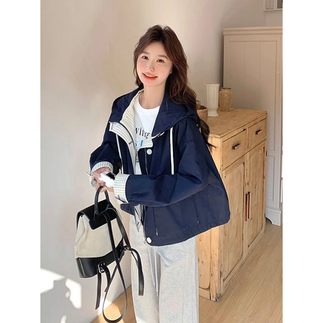 特大码300斤藏青色工装风衣外套女秋季新款洋气韩系休闲连帽上衣