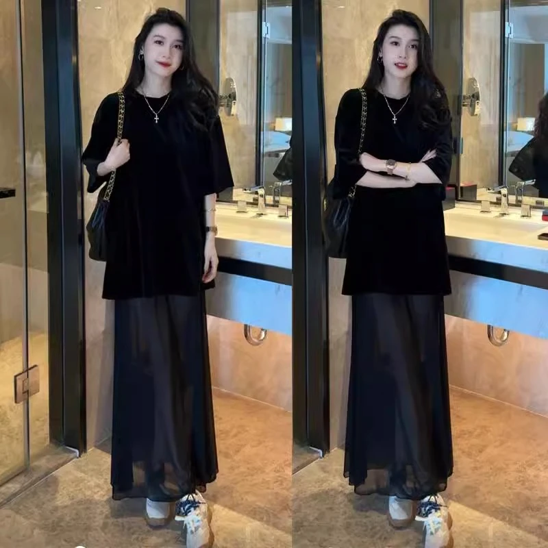 时尚套装裙女2025春秋新款宽松显瘦圆领t恤+网纱拼接半身裙两件套