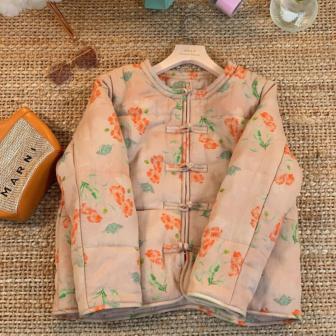 J1781 【相思遥】 秋冬新款国风复古印花盘扣夹棉外套