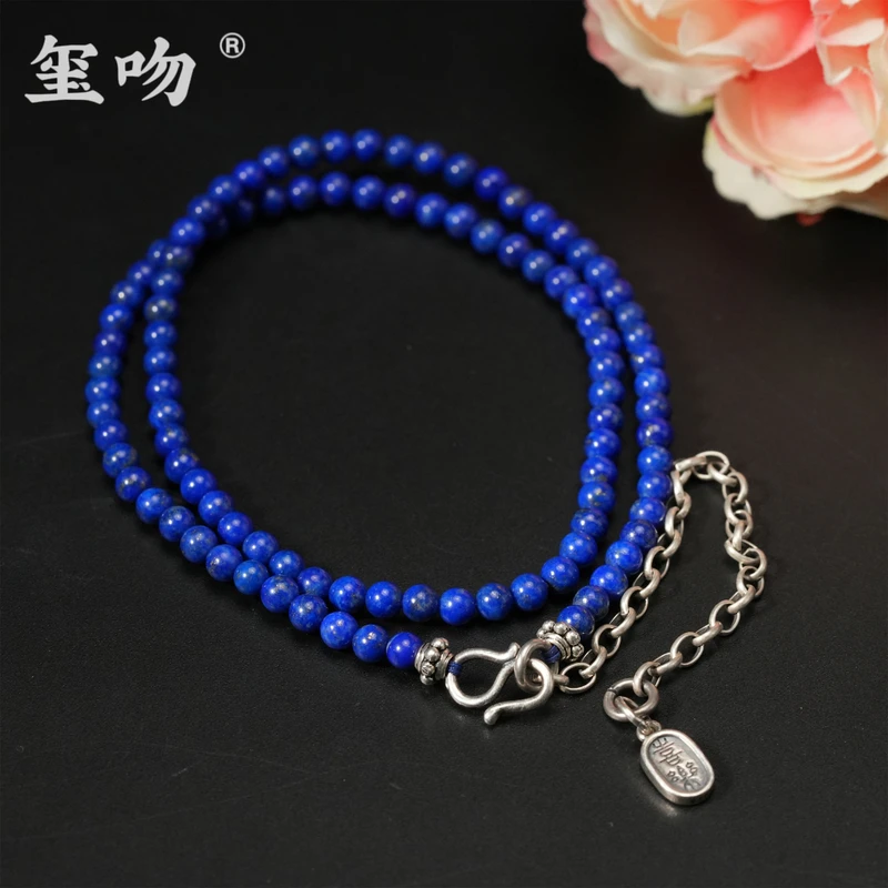 【玺吻】s925银 平安喜乐 天然青金石项链 长约50cm（珠径约4mm左右