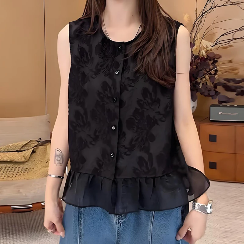 黑色遮肉显瘦无袖背心衬衫女夏季新款减龄荷叶边设计洋气百搭上衣