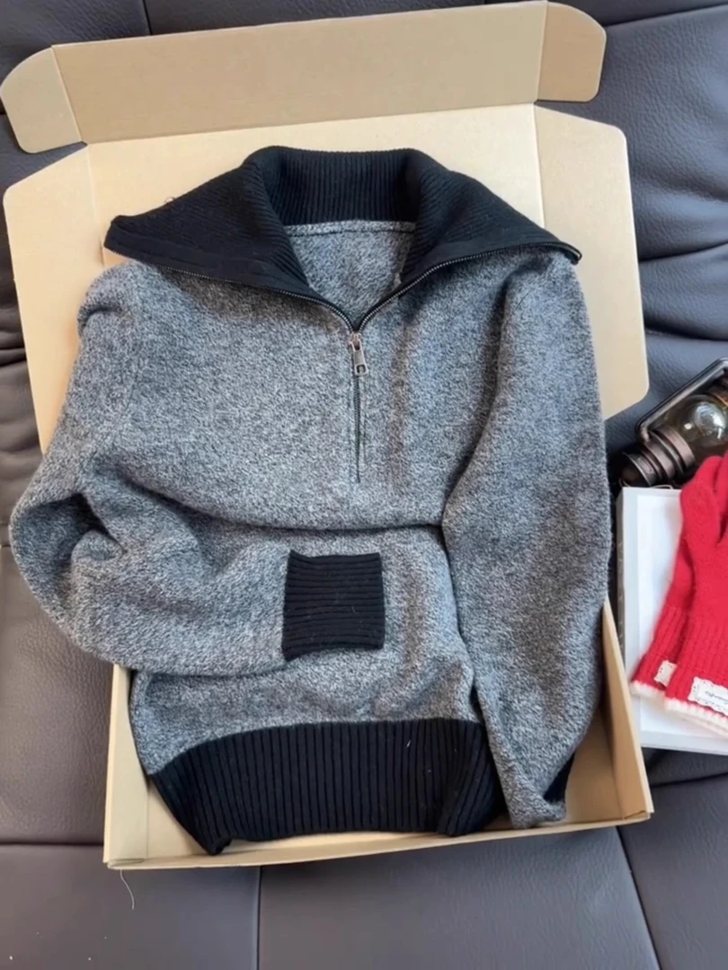 学院风海军领拉链针织打底衫上衣女秋冬撞色立领宽松内搭气质毛衣