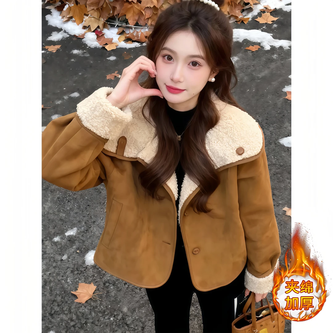 SHALLDOER 美拉德翻领短外套女秋冬季加厚皮毛一体上衣高级感穿搭