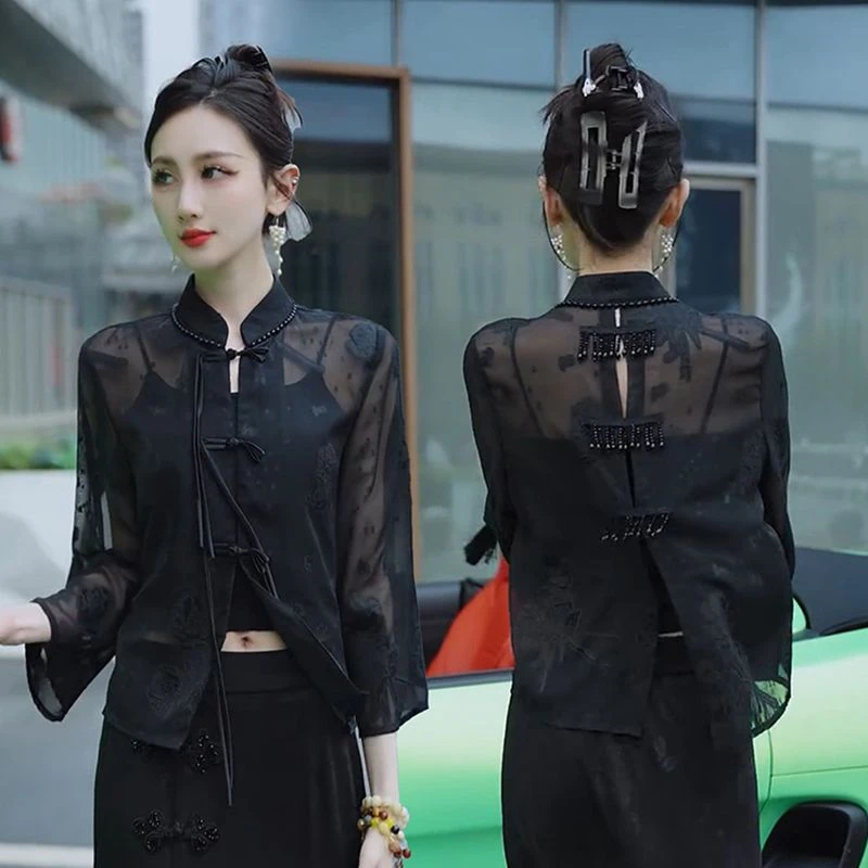 新中式雪纺开衫长袖防晒外套2025夏季新款国风提花盘扣立领衬衫女