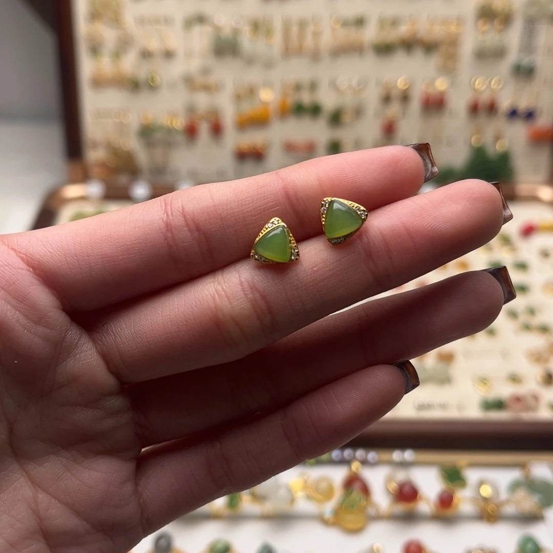 和田玉银S925镀金镶嵌耳坠