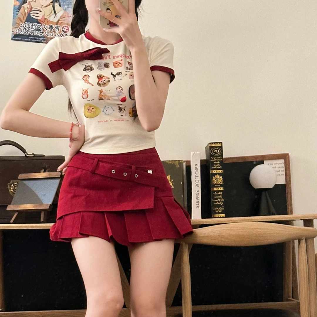 美式甜心 织物猪原创 夏季美式甜辣小猫学院风显瘦上衣修身裙子