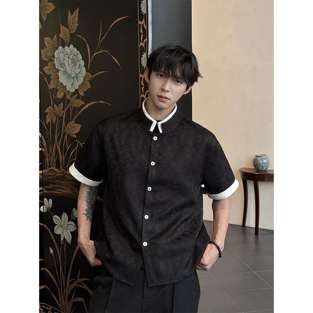 WESSK新中式假两件袖口拼接叠领暗纹肌理提花夏季休闲短袖衬衫