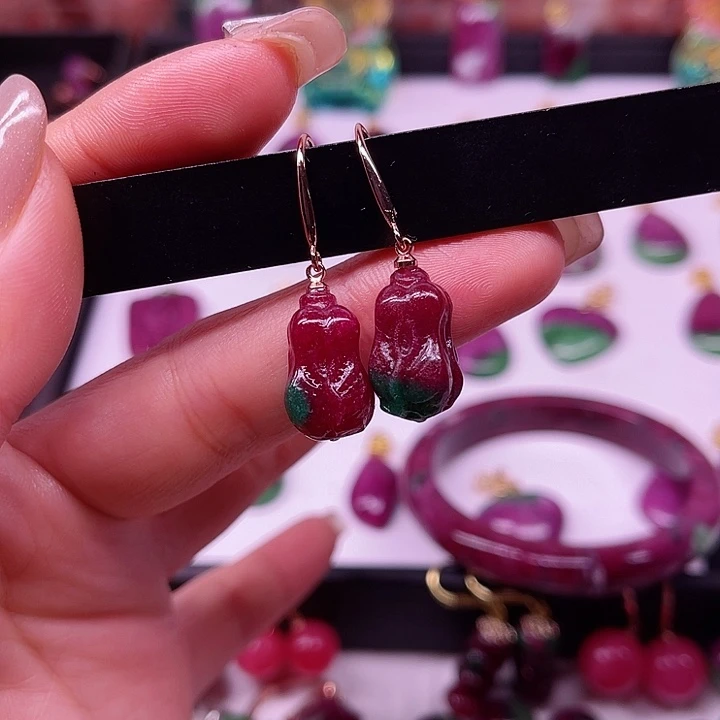 红宝石白菜耳坠银S925镶嵌