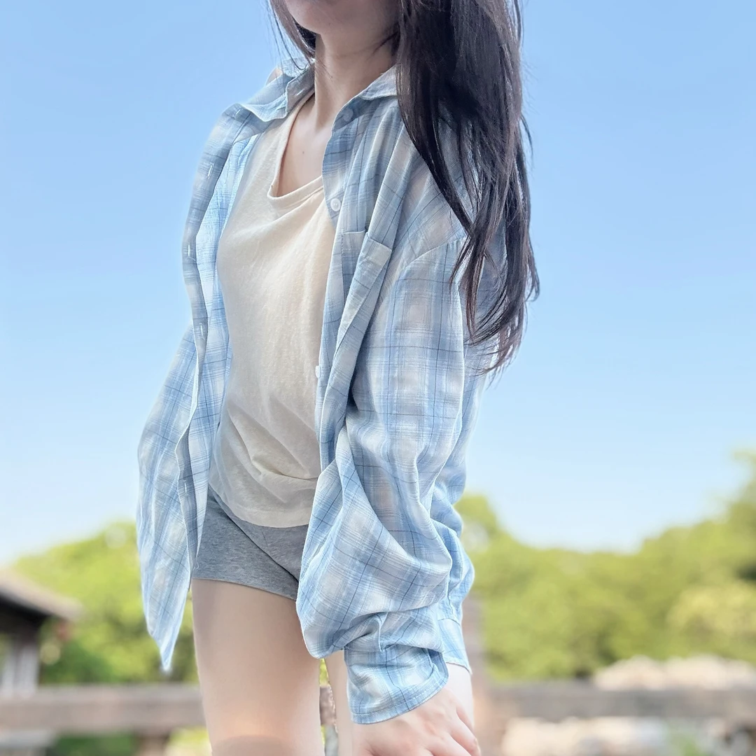 「清新蓝格」全棉薄款夏季女士防晒长袖宽松大版oversize衬衣开衫