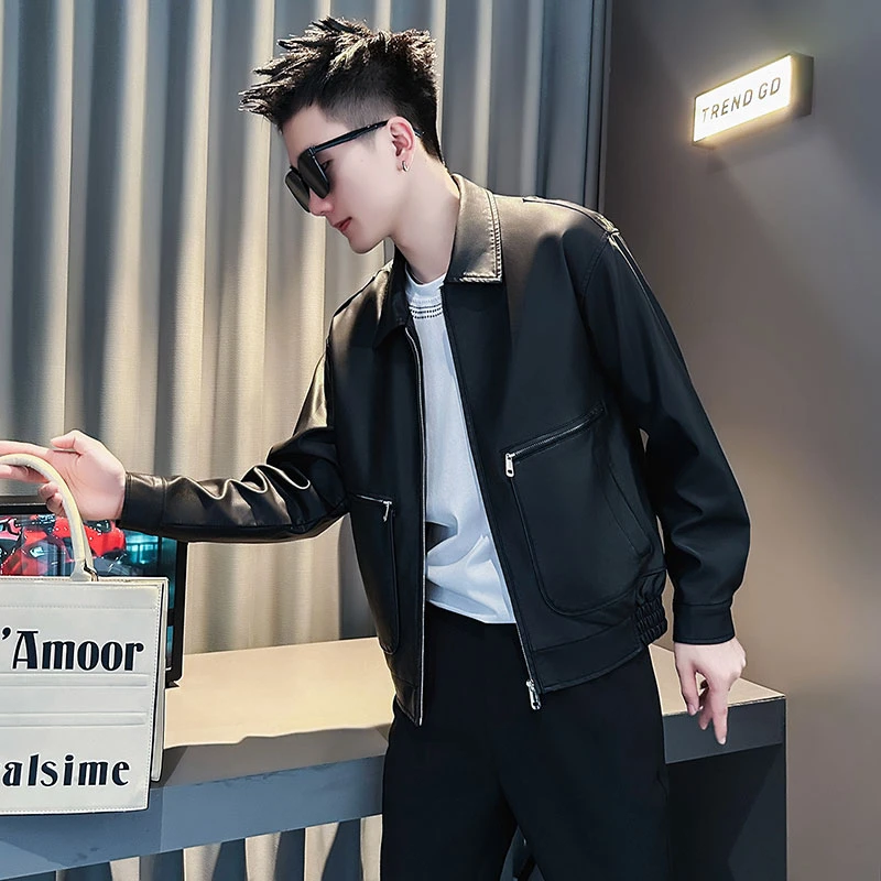 秋冬季男士潮流翻领皮衣外套痞帅潮牌男装皮夹克休闲皮褂子上衣男