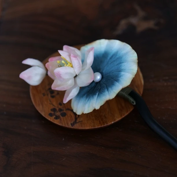 绒花荷花 烧边荷叶 中国风古典日常
