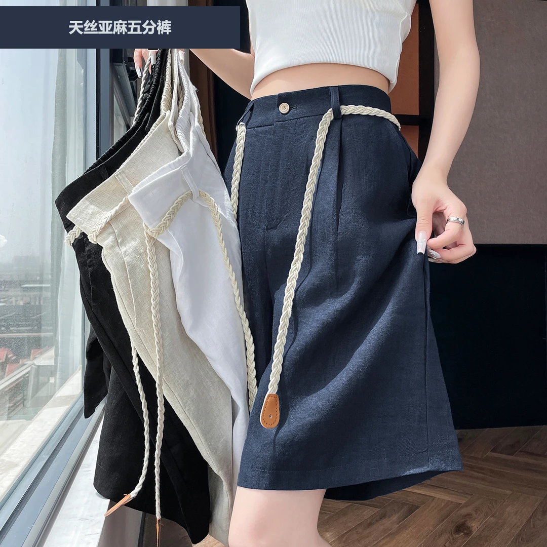 藏青色天丝亚麻短裤女2025新款夏季薄款A字透气阔腿裤五分西装裤