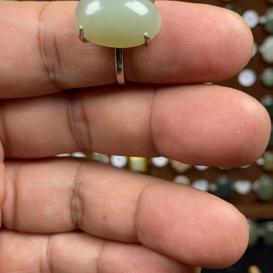 和田玉（青白玉）戒指银S925镀金镶嵌