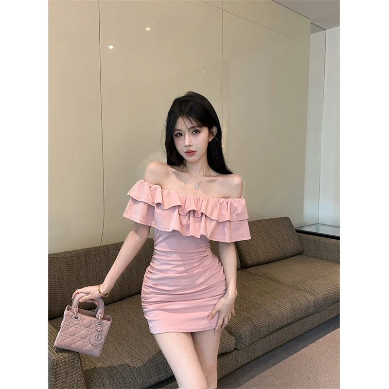 夏季韩版抹胸型短袖一字领露锁骨性感包臀设计感荷叶边抽皱连衣裙