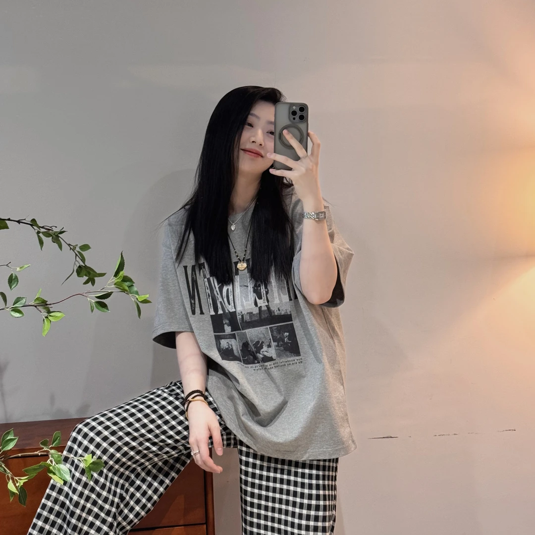 时尚休闲复古宽松做旧字母印花灰色圆领短袖T恤女--M25114314