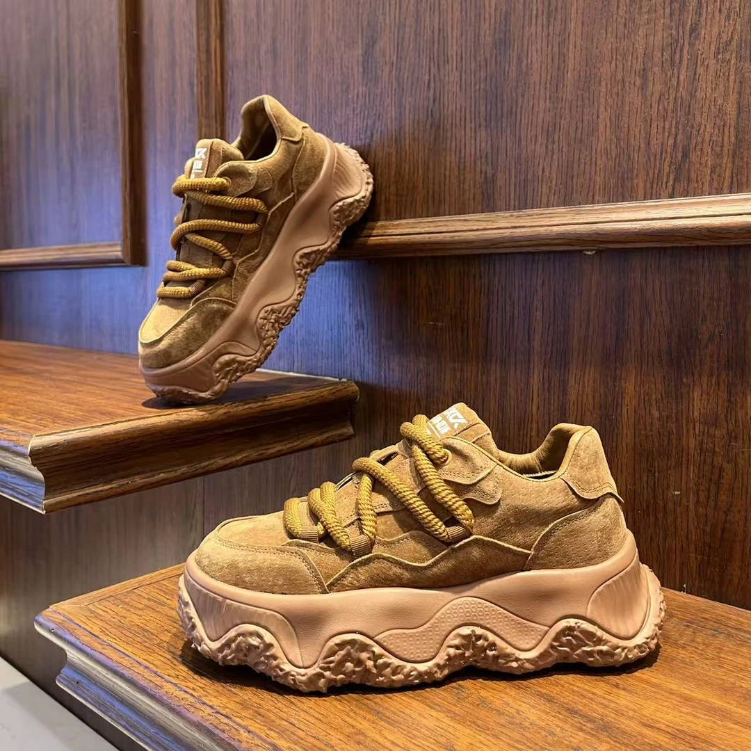 男鞋时尚厚底纯色百搭皮革秋冬季增高休闲鞋低帮系带复古风潮男鞋