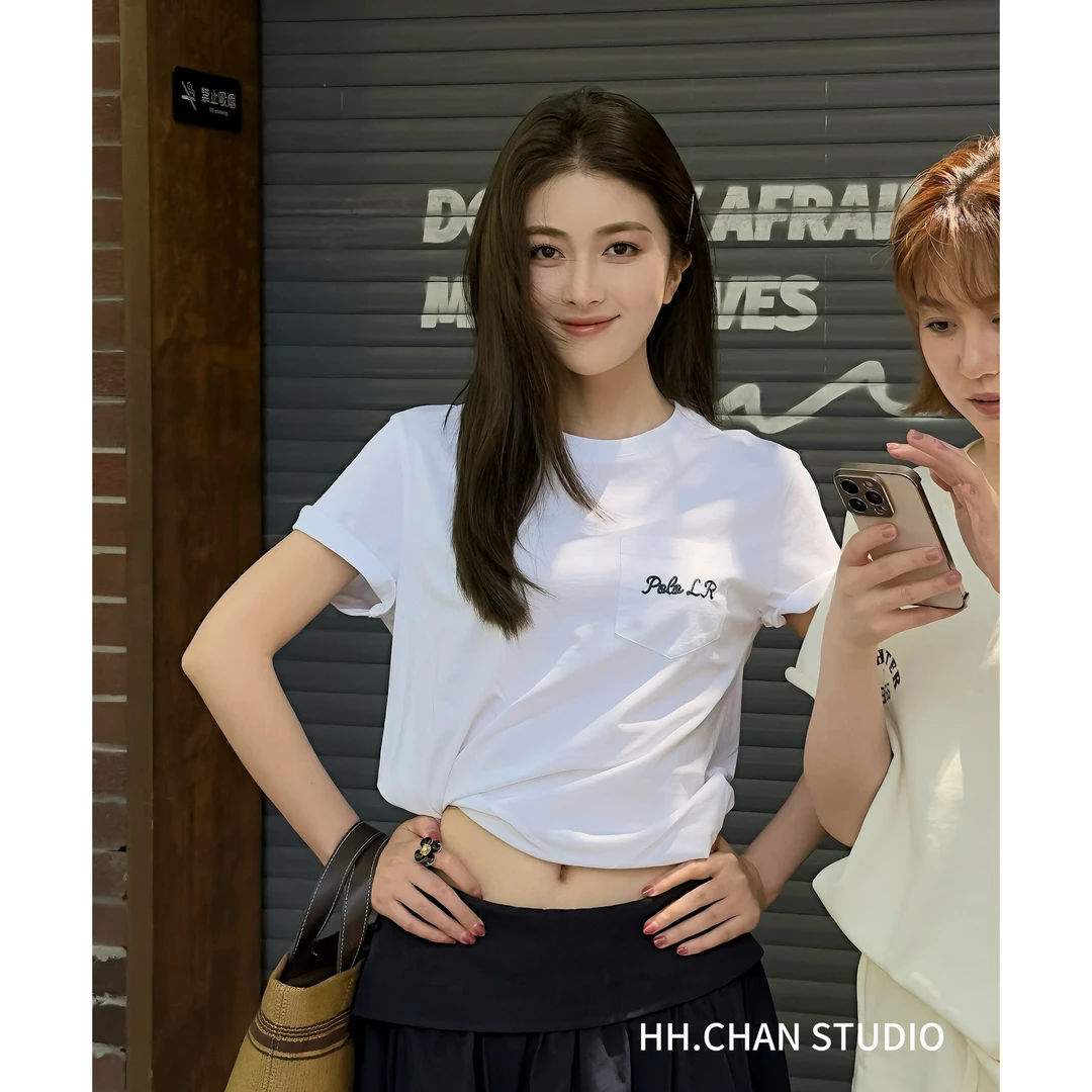 HH.CHAN“酷酷熊”100%棉RL新款口袋后背小熊印花圆领短袖