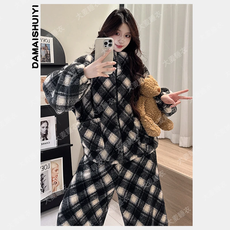 2025冬季珊瑚绒睡衣女加绒加厚长毛绒保暖甜美风可外穿家居服套装
