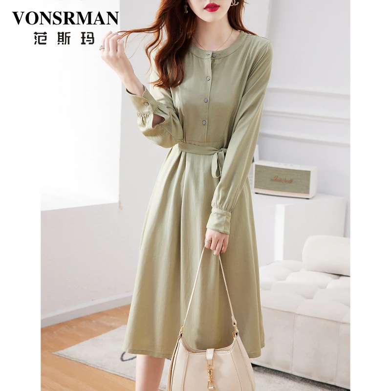 简约宽松洋装女2025春秋季新款圆领长袖气质通勤收腰显瘦裙