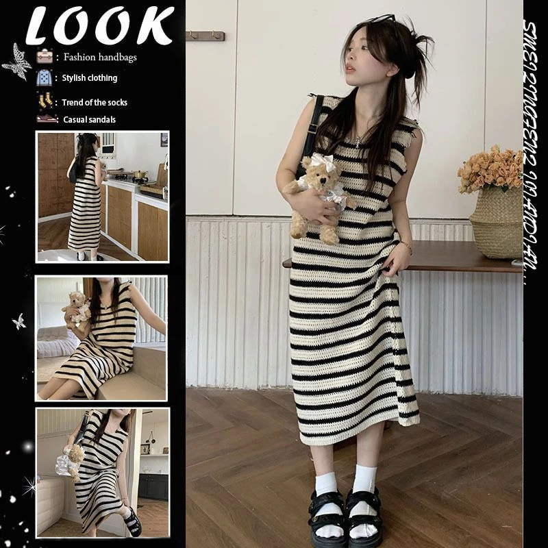 2025春夏新款女装镂空背心马甲裙小众设计感时尚甜美针织连衣长裙