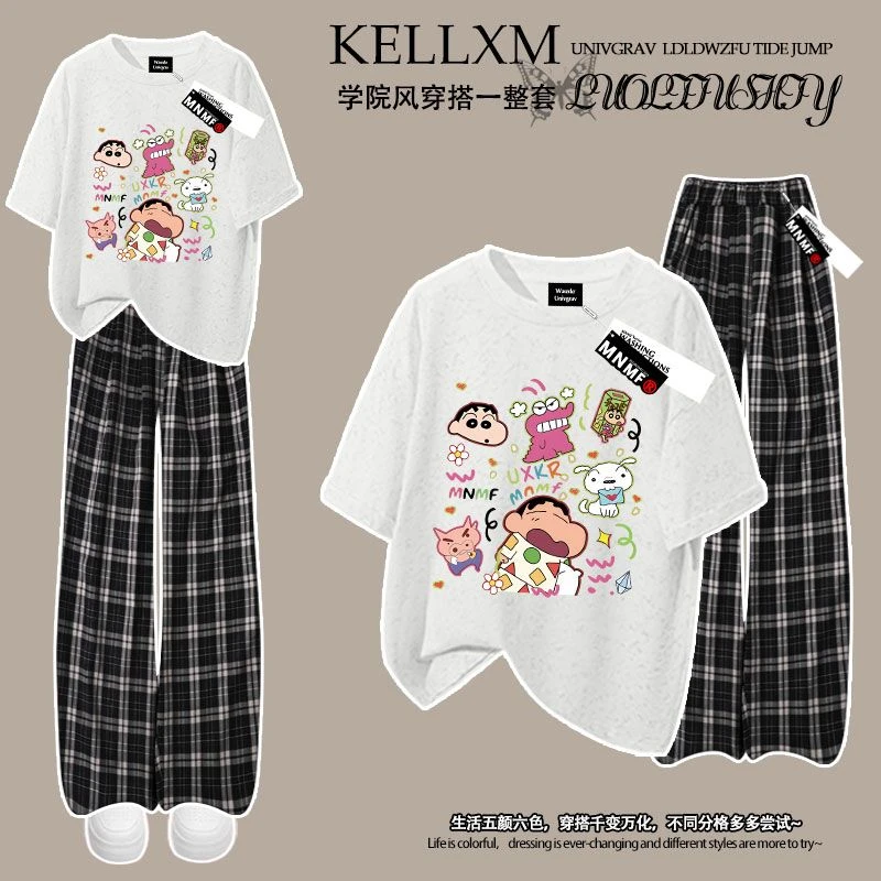 韩版洋气蜡笔小新印花夏季男女童套装纯棉扎染短袖T恤格子裤两件