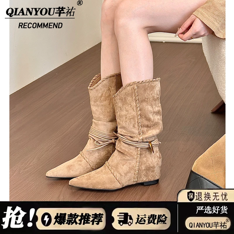 复古时尚尖头褶皱堆堆靴子2025新款单靴内增高短筒西部牛仔靴子女