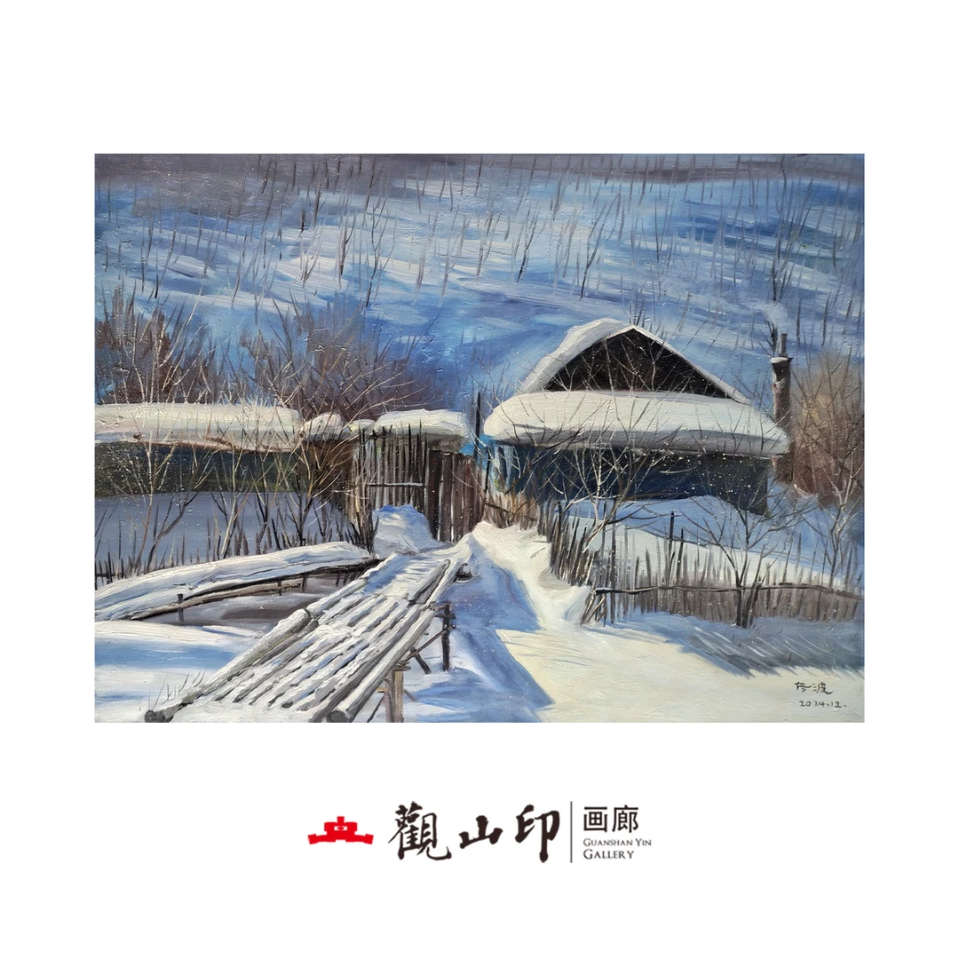 WCB原创手绘风景油画78x59cm雪景作品1452