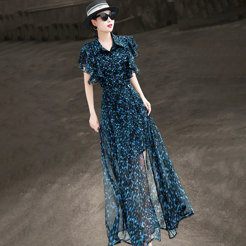 MEXCOCO/兰瑟儿夏新款法式荷叶袖收腰可拆卸搭片印花裙105XL2927