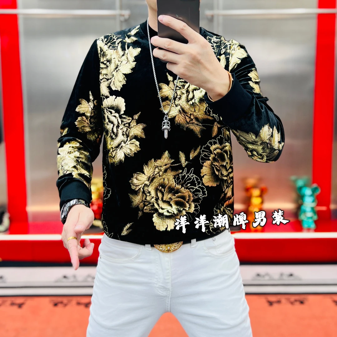 洋洋家 秋季新款欧货男士丝绒提花打底衫时尚潮流圆领长袖卫衣潮
