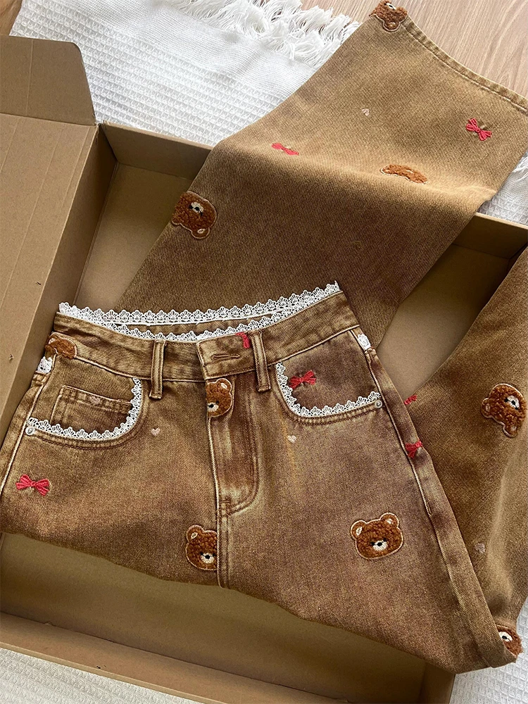 美式复古可爱小熊阔腿牛仔裤女春季2025新款高腰显瘦垂感拖地裤子