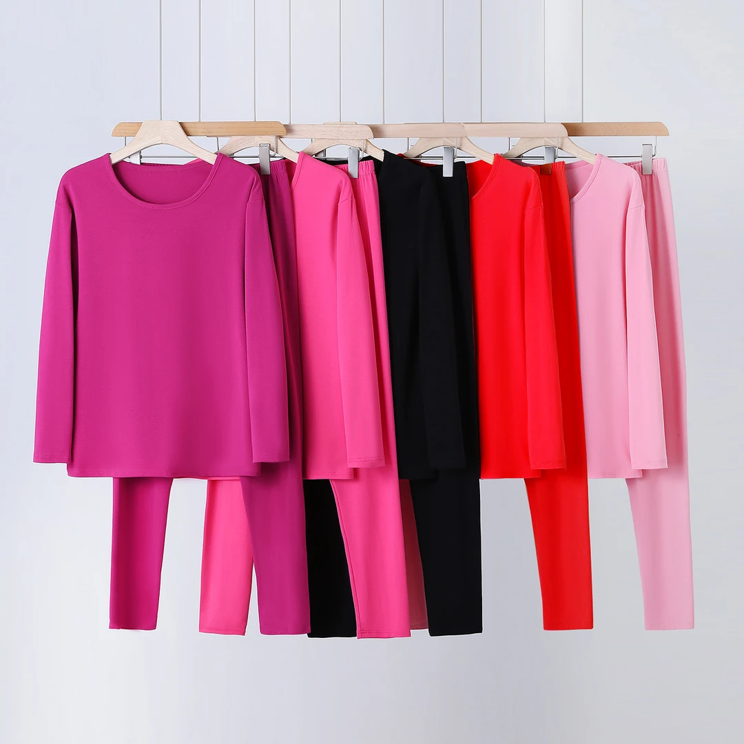 2025女士纯棉螺纹圆领大码保暖内衣休闲内搭净面秋冬长袖套装616