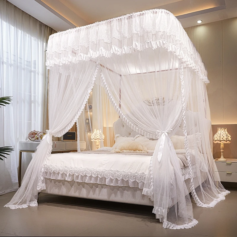 家用卧室伸缩加厚加粗公主风一体式三开门防尘顶落地导轨蚊帐海