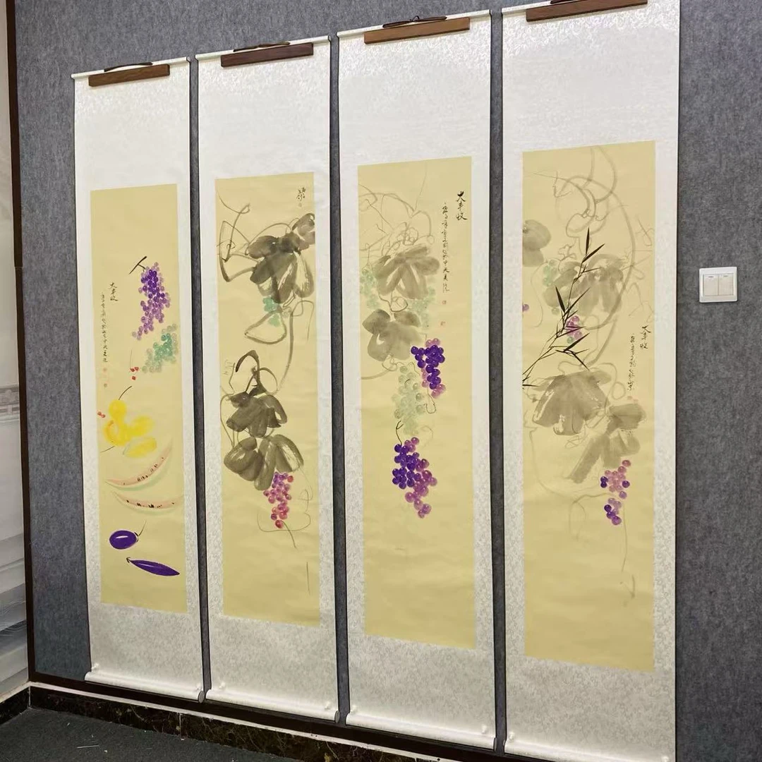 纯手绘写意花鸟葡萄四条屏卷轴款客厅茶室国画挂画作品
