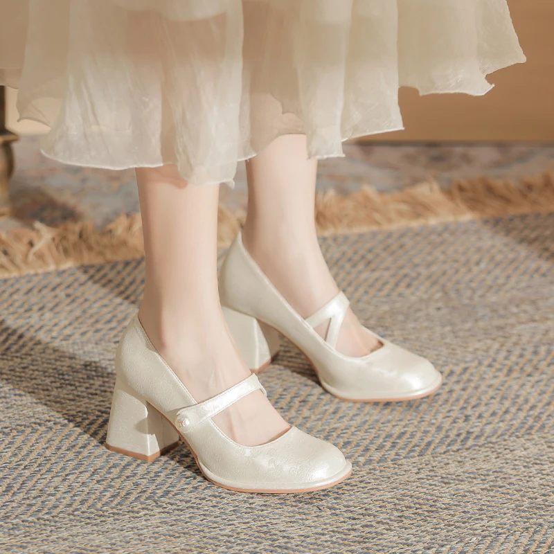 国风新中式粗跟单鞋女2025新款春秋季法式一字带刺绣高跟玛丽珍鞋