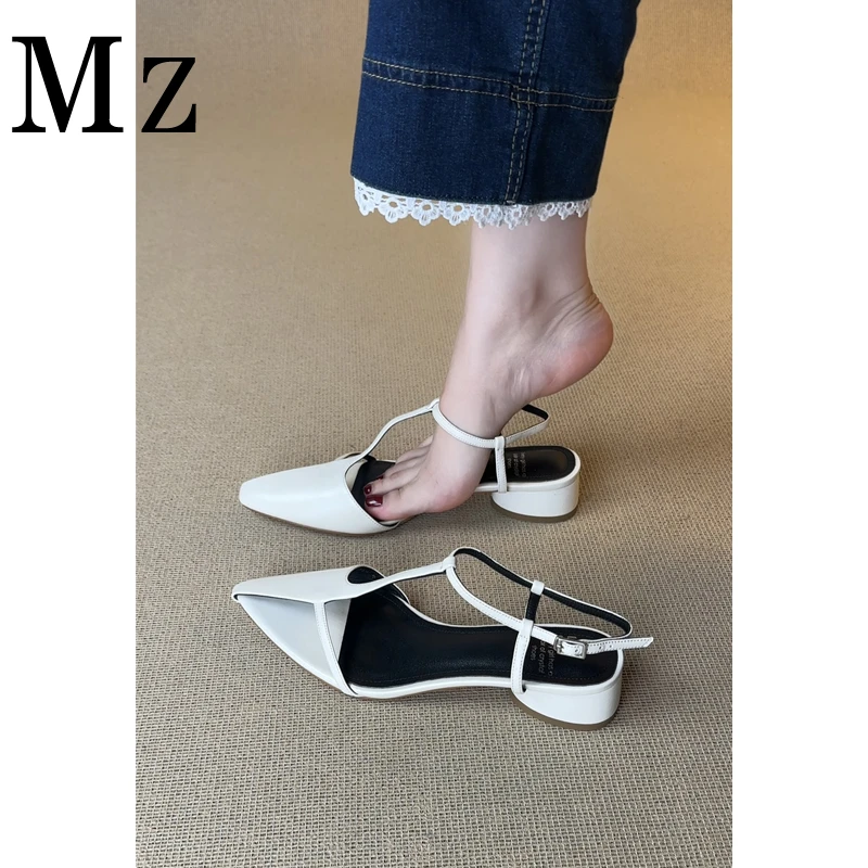 Mr.Zheng/4cm/尖头露趾丁字带后空凉鞋夏季新款半包头休闲女鞋