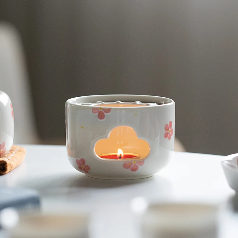 当代 停产手绘堆雕樱花茶壶蜡烛加热保温底座暖茶炉煮茶温茶器