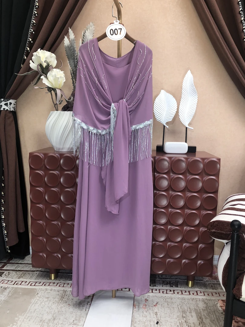 【A120】紫韵流光  紫调闪亮长裙肩部流苏饰配同色披肩气质时尚女士